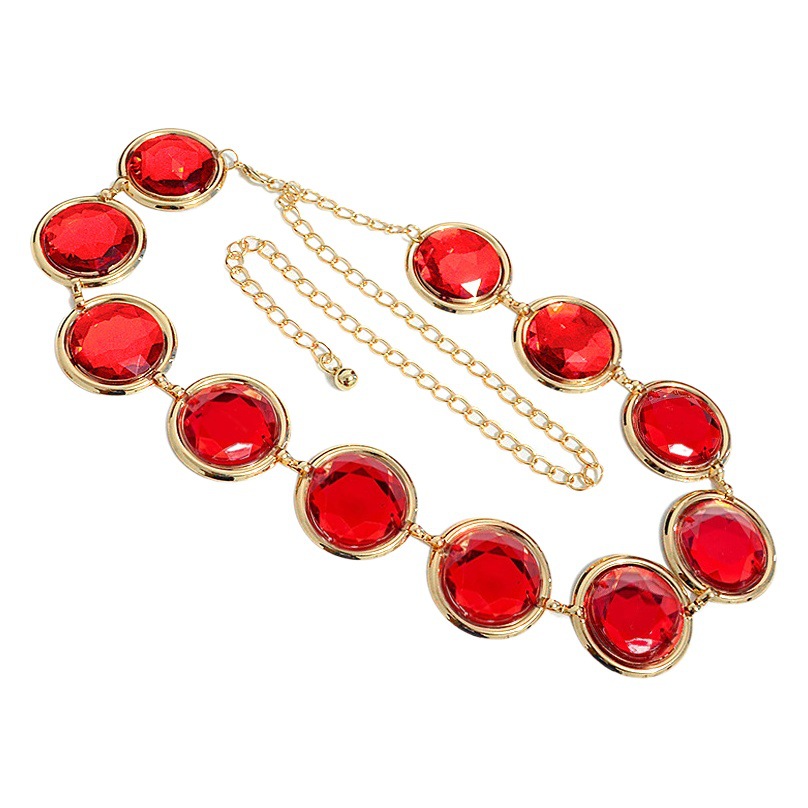 Las mujeres europeas y americanas transfronterizas espejo cinturón casual decorativo cintura ágata cristal cadena de la cintura Rubí cadena de metal al por mayor