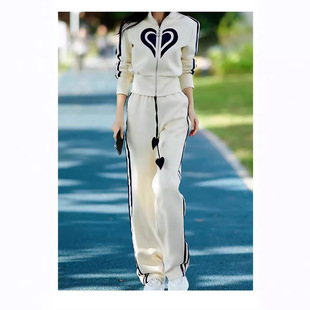 Design Sense Spring New Style Vertical Collar Zipper Sweatshirt Coat Wide Leg Pants Two-Piece Set Fashion Casual Sports suit Women