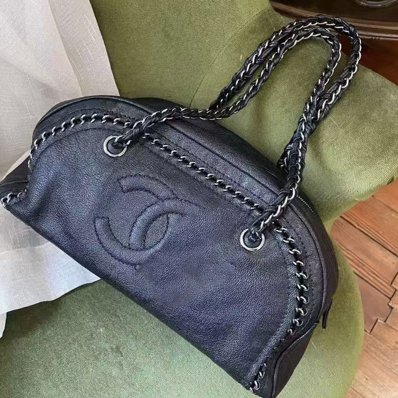 24新款高级感中古小香风vintage真皮链条单肩腋下包手提保龄球包|undefined
