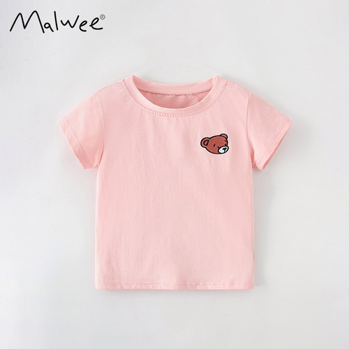 malwee girls summer new style European and American children's T-shirts Western style embroidered round neck shirts children's tops