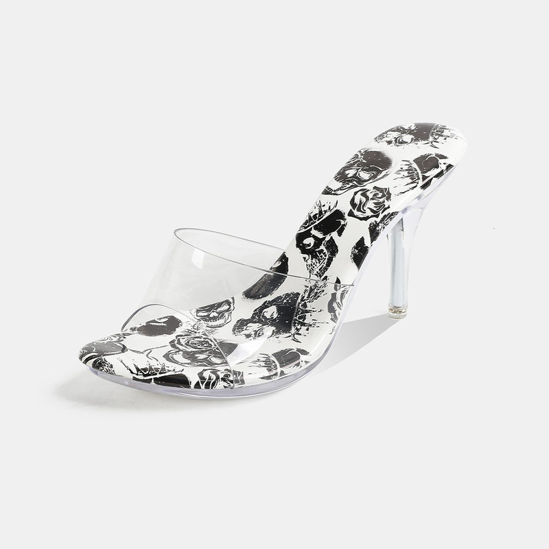 Dép sandal nữ quai ngang mũi hở, đế mỏng gót nhọn cao trên 8 cm, phối họa tiết trong suốt — Màu xanh da trời, trắng, đen