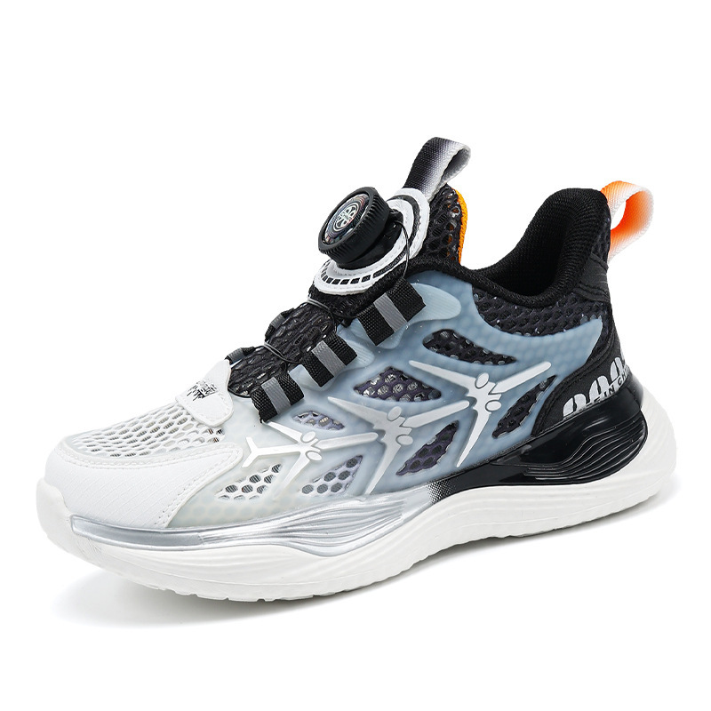 Zapatillas transpirables de una sola red para niños, zapatillas de baloncesto de suela blanda con hebilla giratoria para niños de mediana edad, zapatillas para correr antideslizantes