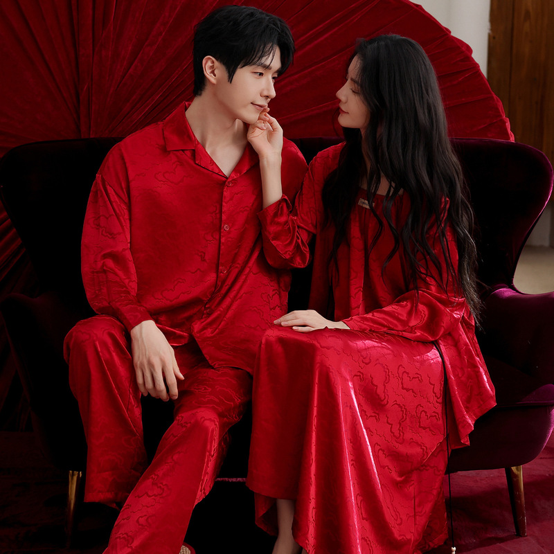 Spring and Autum Couple Red Pajamas New Ice Silk Long-Sleeved Suit Men and Women Wedding Festive New Home Clothes Autum and Winter