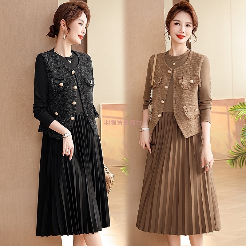 中年女士小香风套装百褶连衣裙两件套2024新款时髦春秋季高端马甲