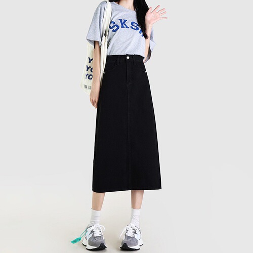 Korean high-waisted denim skirt for women, spring and autumn new style slimming split mid-long a-line bag hip denim skirt