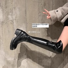 水洗牛皮~葡萄妈同款真皮粗跟过膝长靴女厚底显瘦靴子长筒骑士靴