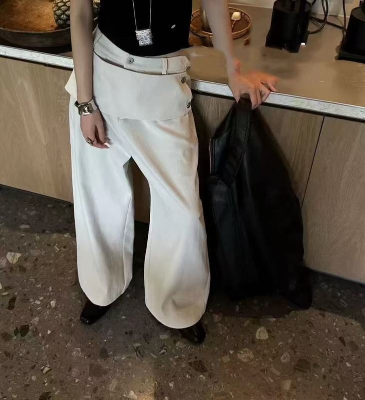 韩系假两件设计拼接屁帘小众阔腿裤女2025秋季新款气质休闲拖地裤|undefined
