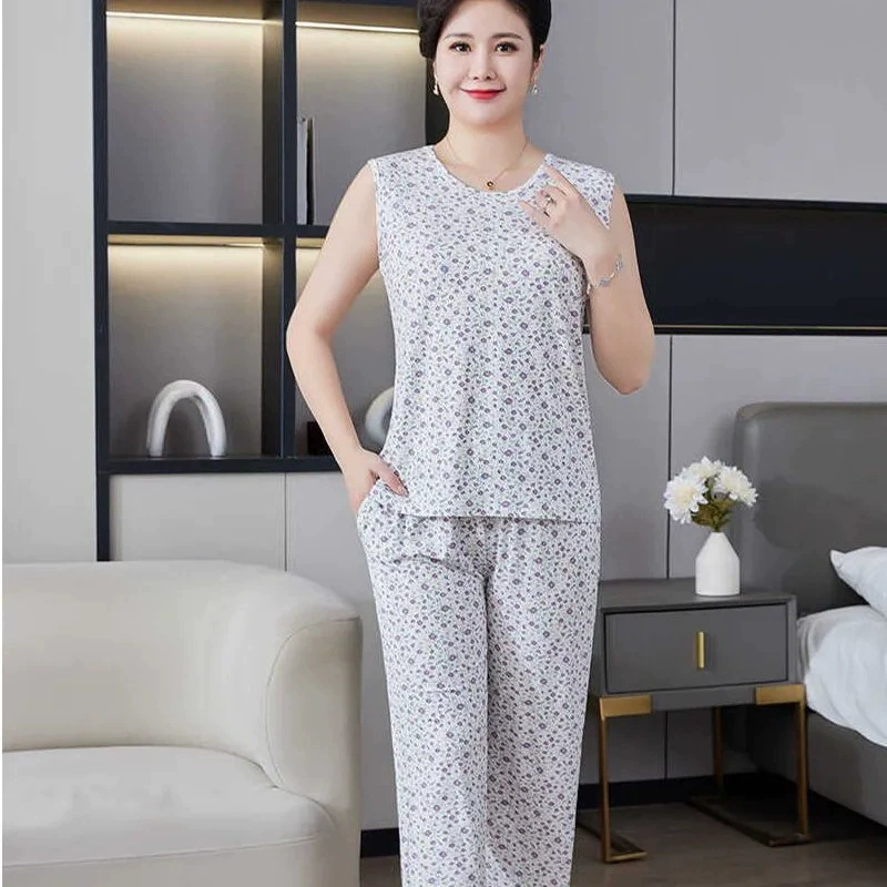 Модал костюм для пожилых людей среднего и пожилого возраста Жилет для мамы Пижама Летние тонкие женские брюки без рукавов