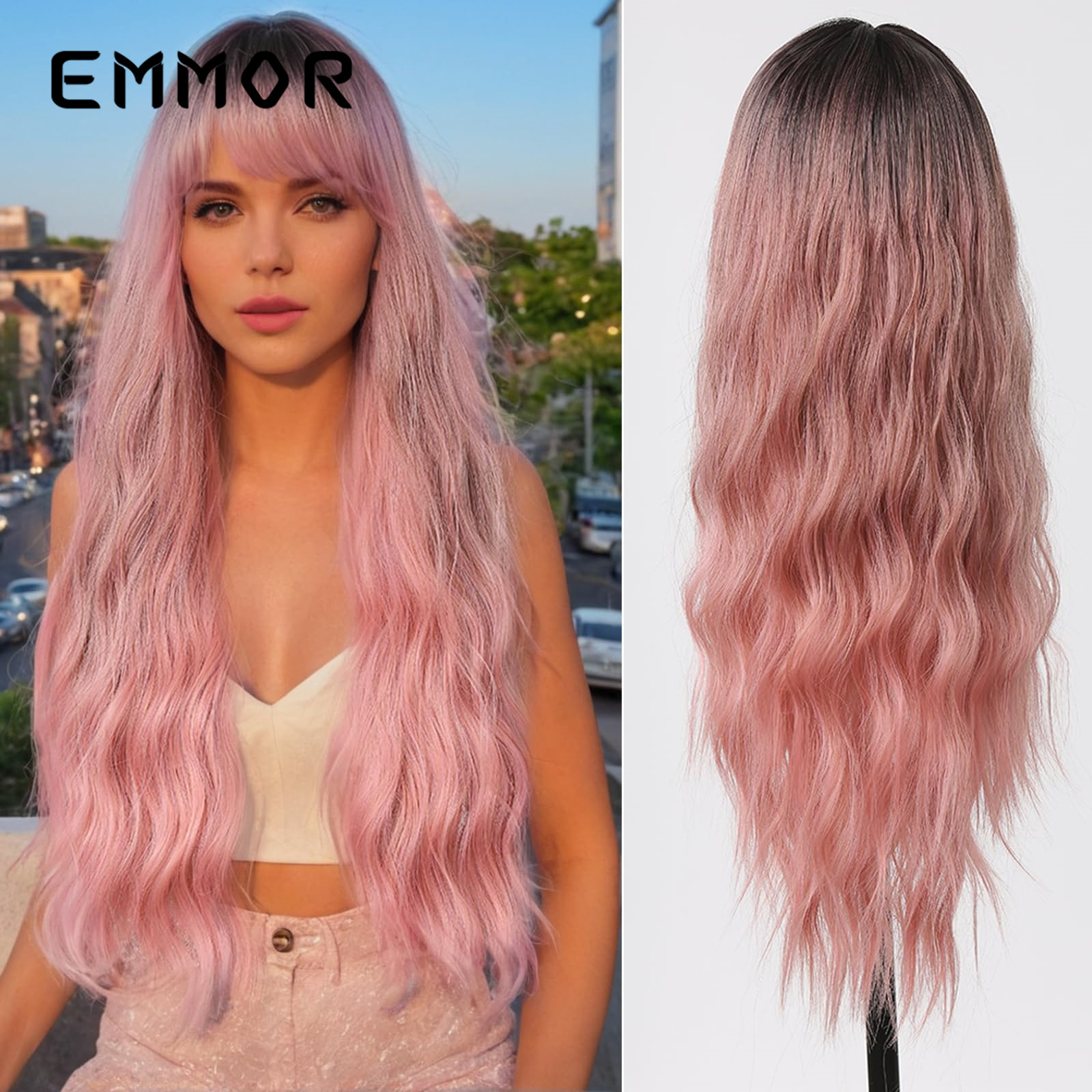 Peluca tipo de cabello completo europeo y americano transfronterizo de ocho caracteres flequillo degradado rosa temperamento natural cabeza alta cabello largo y liso wigs