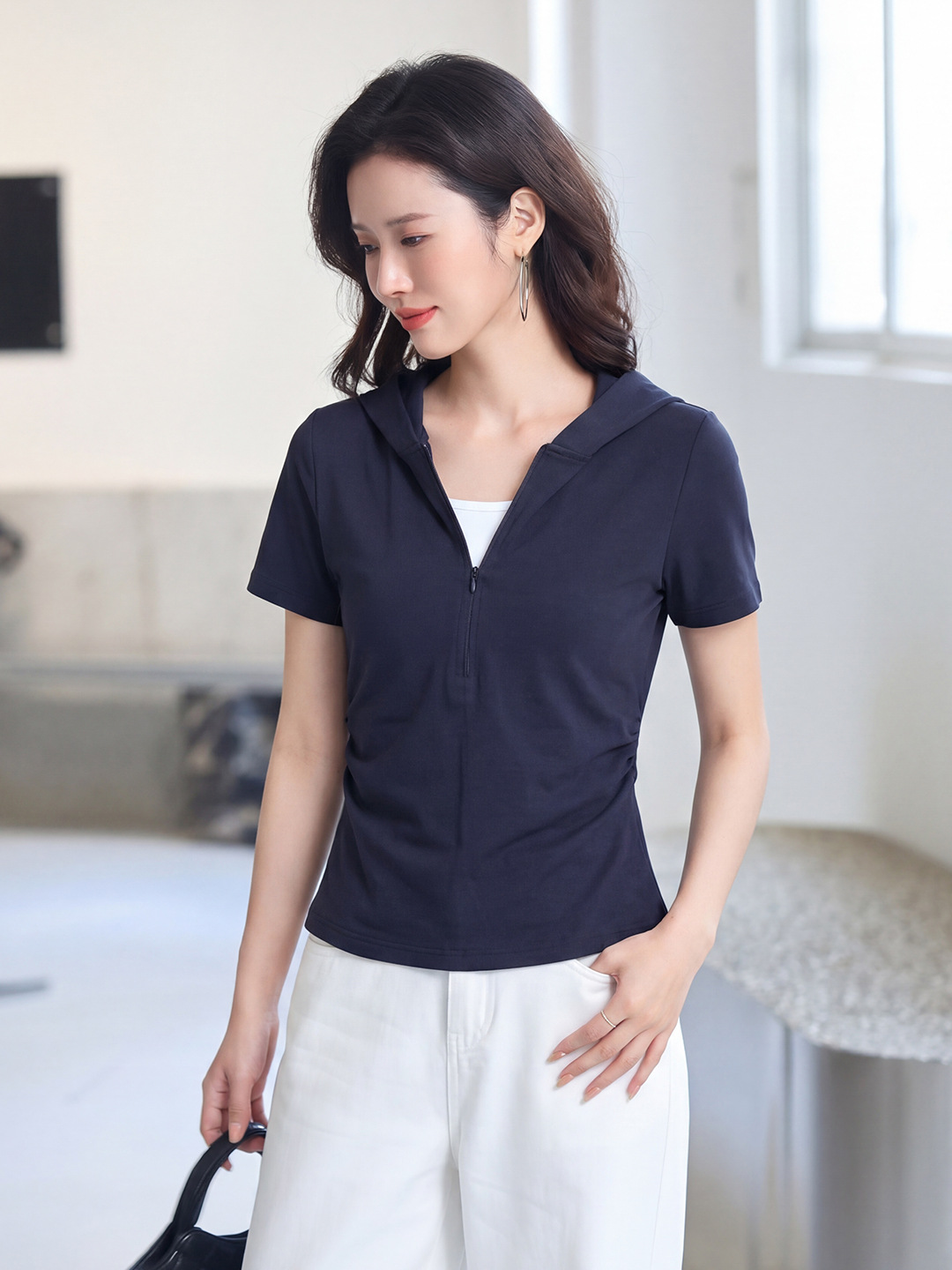 Hooded T-Shirt with a Faux Two-Piece Design, Versatile Korean Style, Pleated to Hide Imperfections, Slimming Effect, Cotton Women's Top, Simple Style T008