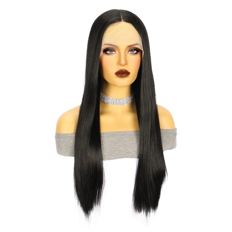 Transfronterizo europeo y americano de encaje 13*4 de las mujeres de largo pelo recto frontal de encaje medio punto de fibra química tocado xuchang pelucas de fábrica