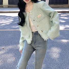 韩版设计感小众毛边流苏绿色外套女初秋新款高级感小香风宽松上衣