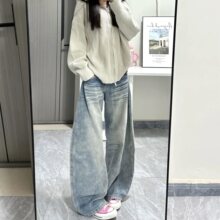 高个子加长美式复古水洗做旧猫须牛仔裤女宽松显瘦阔腿垂感弯刀裤