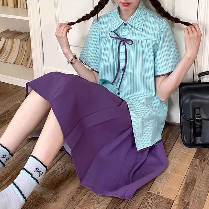 2025 新しい甘いカレッジネックラインボウタイルーズシャツ女性の夏の通勤多用途ファッションスーツ|undefined