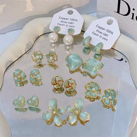 earrings跨境不锈钢铜镀真金薄荷曼波绿色珐琅滴釉新款小清新耳钉