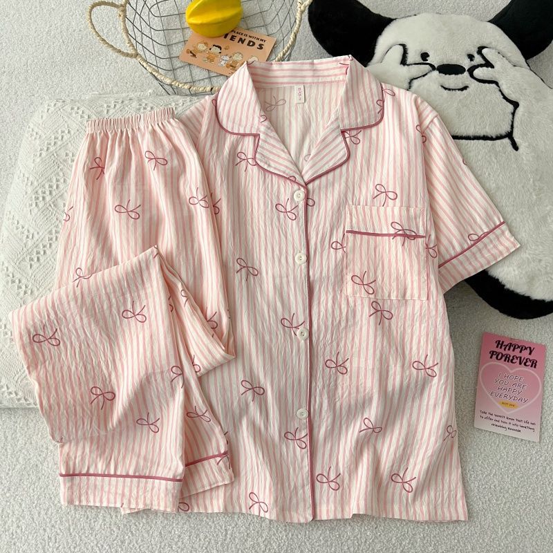 Al por mayor transfronterizo verano nubes pijamas de algodón de mangas cortas pantalones cardigan con solapa ropa de hogar lindos dibujos animados se pueden usar fuera