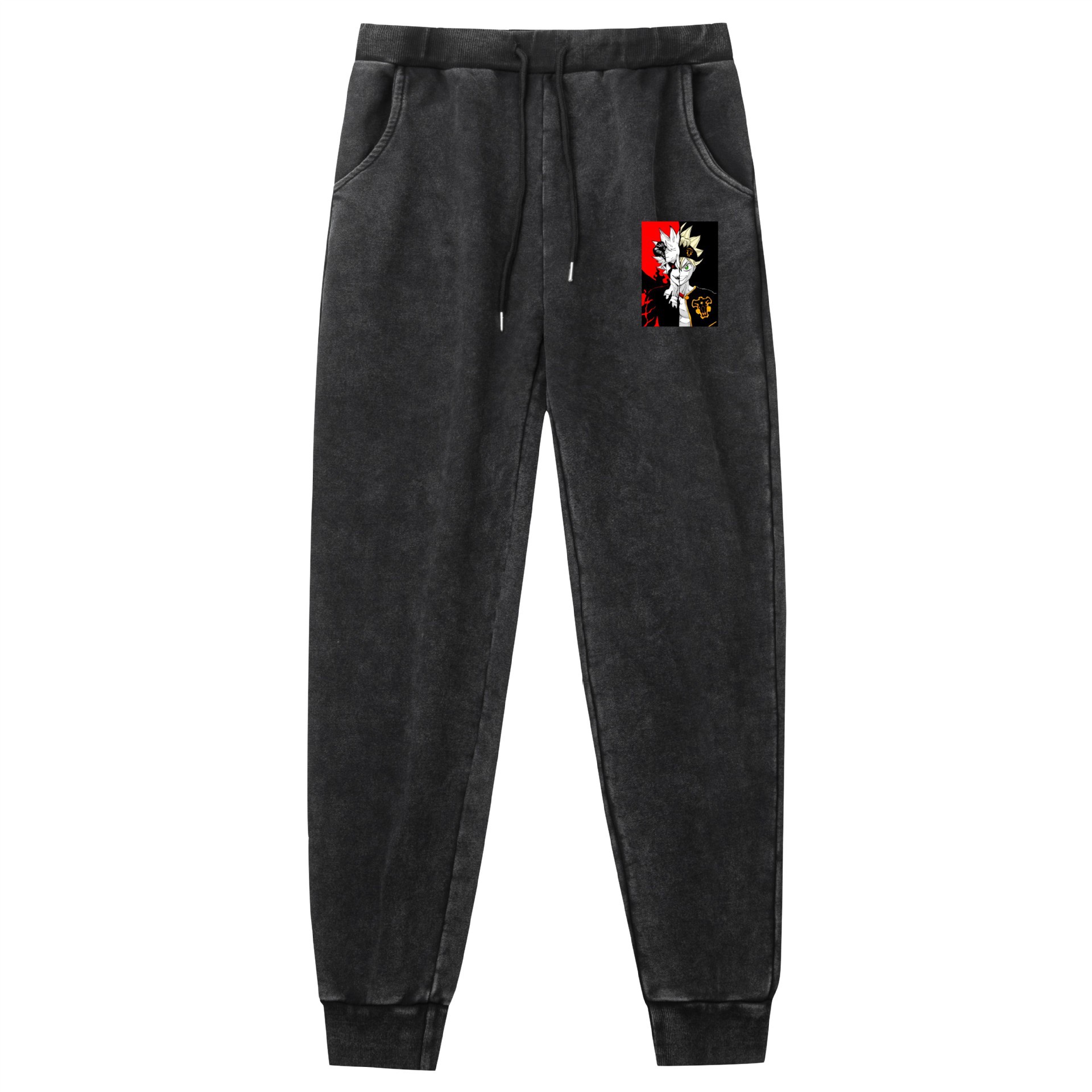 Lavado de comercio exterior y pantalones retro desgastados Trébol de cuatro hojas negro Black Clover impresión de venta caliente de código europeo