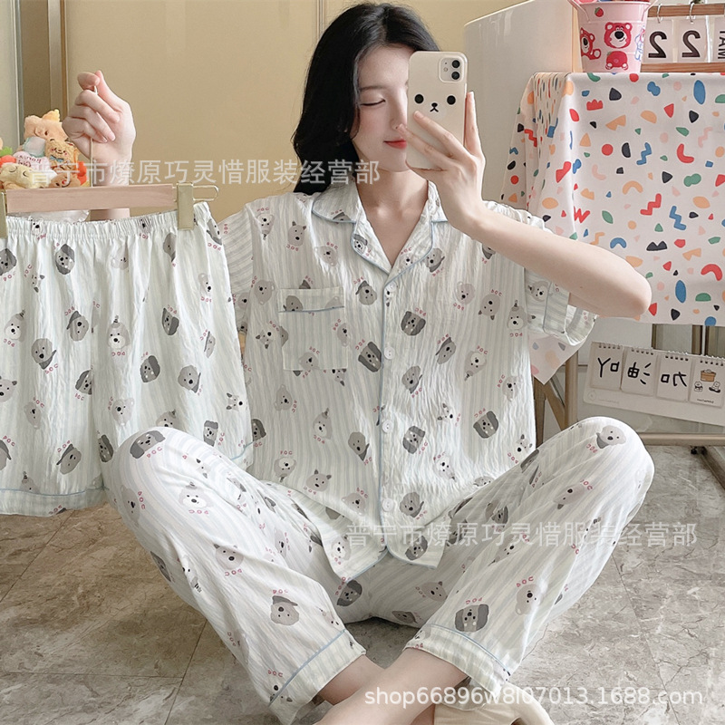 Pequeño pijama de corazón de melocotón para mujeres tres piezas de verano nubes de algodón se puede usar pantalones de manga corta para estudiantes de dibujos animados ropa para el hogar
