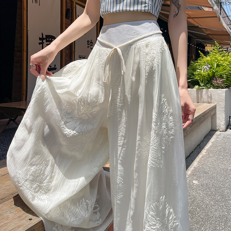 Real Shot of Embroidered Design Wide-Leg Pants 2025 High-Waist Slimming Elastic Waist Strap Draped Chinese Style Casual Pants