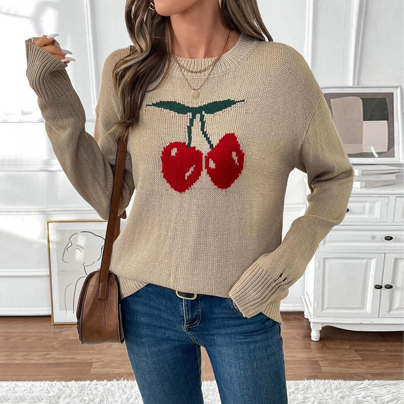 Amazon Autumn/Winter 2026 New Round Neck Cherry Pullover Sweater European and American Valentine's Day Christmas Knitted Top for Women Amazon Autumn/Winter 2026 New Round Neck Cherry Pullover Sweater European and American Valentine's Day Christmas Knitted Top for Women