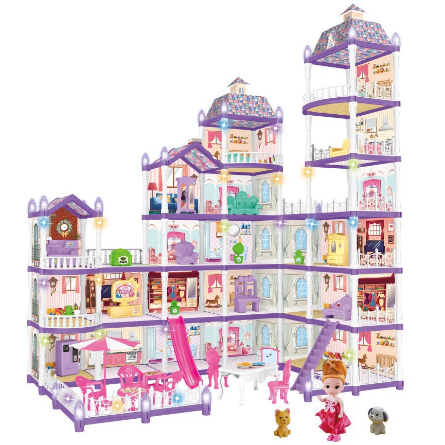 (2개) 국경 간 공주 성 장난감 놀이 집 조립 인형 집 빌라 빌딩 블록 시뮬레이션 가구 소녀 장난감 선물