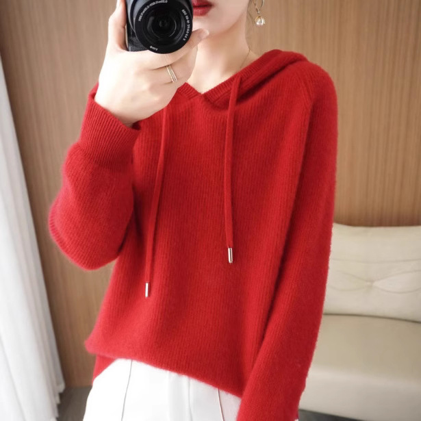 Manufacturer Wholesale 2025 New Autumn and Winter Wool Hooded Sweatshirt for Women, Thick Knitted Hoodie, Loose Fit, Bright Red Outerwear Manufacturer Wholesale 2025 New Autumn and Winter Wool Hooded Sweatshirt for Women, Thick Knitted Hoodie, Loose Fit, Bright Red Outerwear
