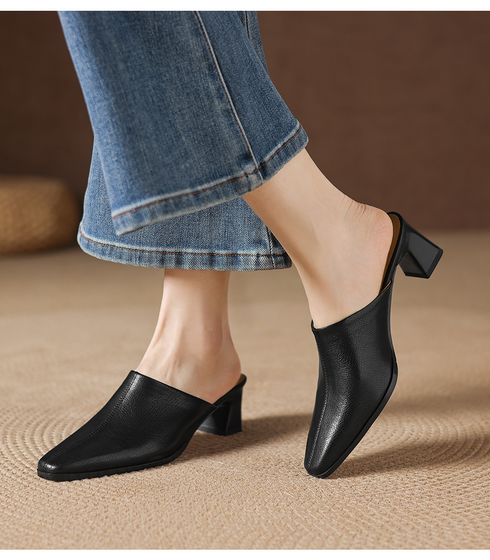Giày sandal cao gót nữ hở mũi da bò gót thô 5 cm — đen chi tiết 8