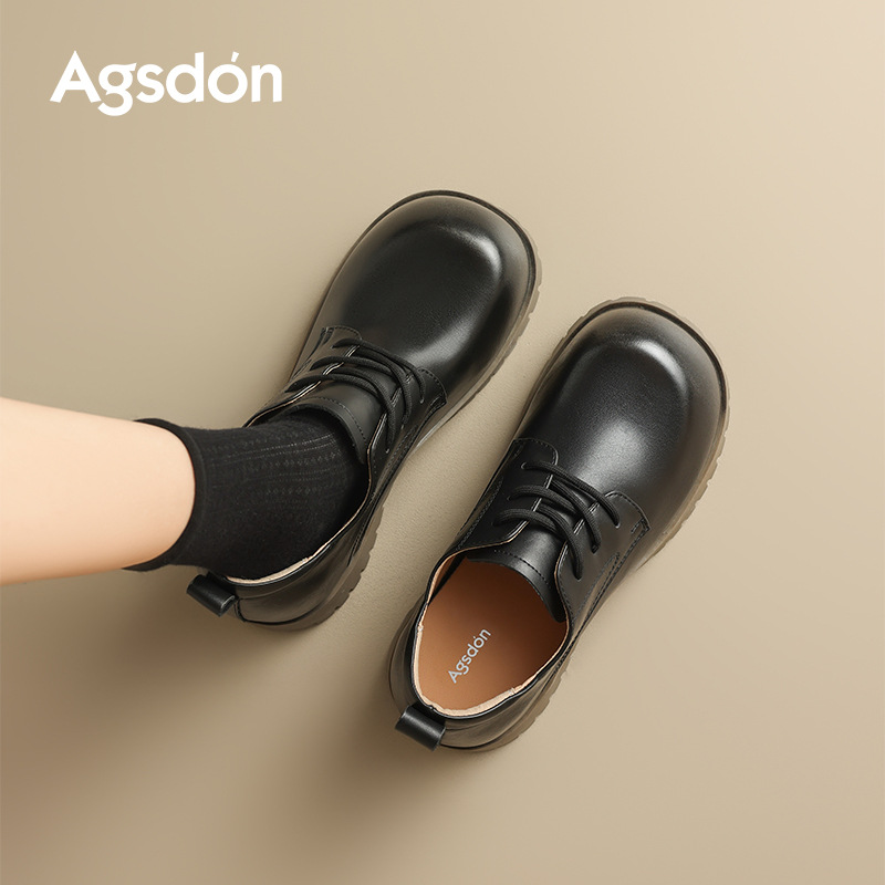 Augu Shi Deng zapatos de cuero negro para mujeres 2025 nuevo otoño británico lazos Lefour zapatos de sola gruesa zapatos de viaje único