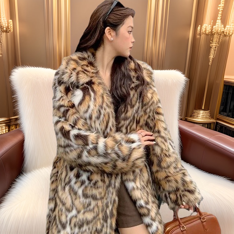 Amazon Cross-Border Wholesale Autumn and Winter New Style Fox Fur Mid-Length Suit Collar Leopard Print Belt Coat