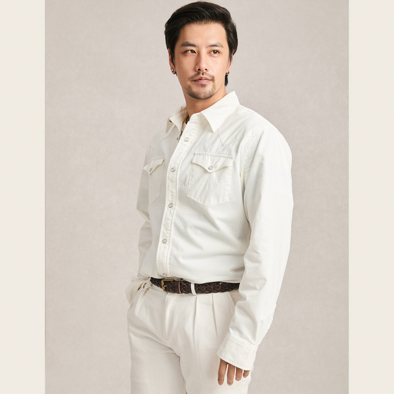 Double R long-sleeved ivory white washed denim shirt for men, button decoration, pure cotton, retro American style, slim fit, spring and autumn.