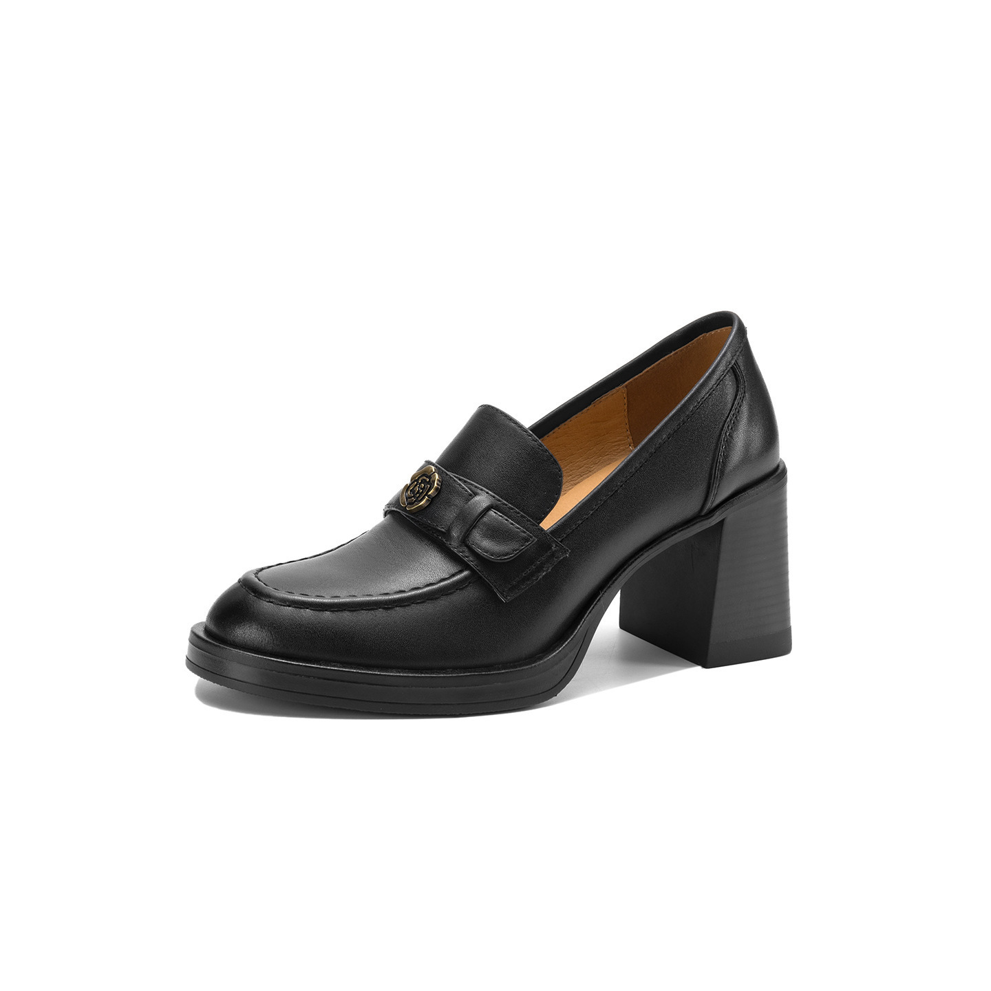 Giày loafer nữ cao gót phong cách Anh quốc vintage, da bò thật gót vuông — màu nâu chi tiết 23