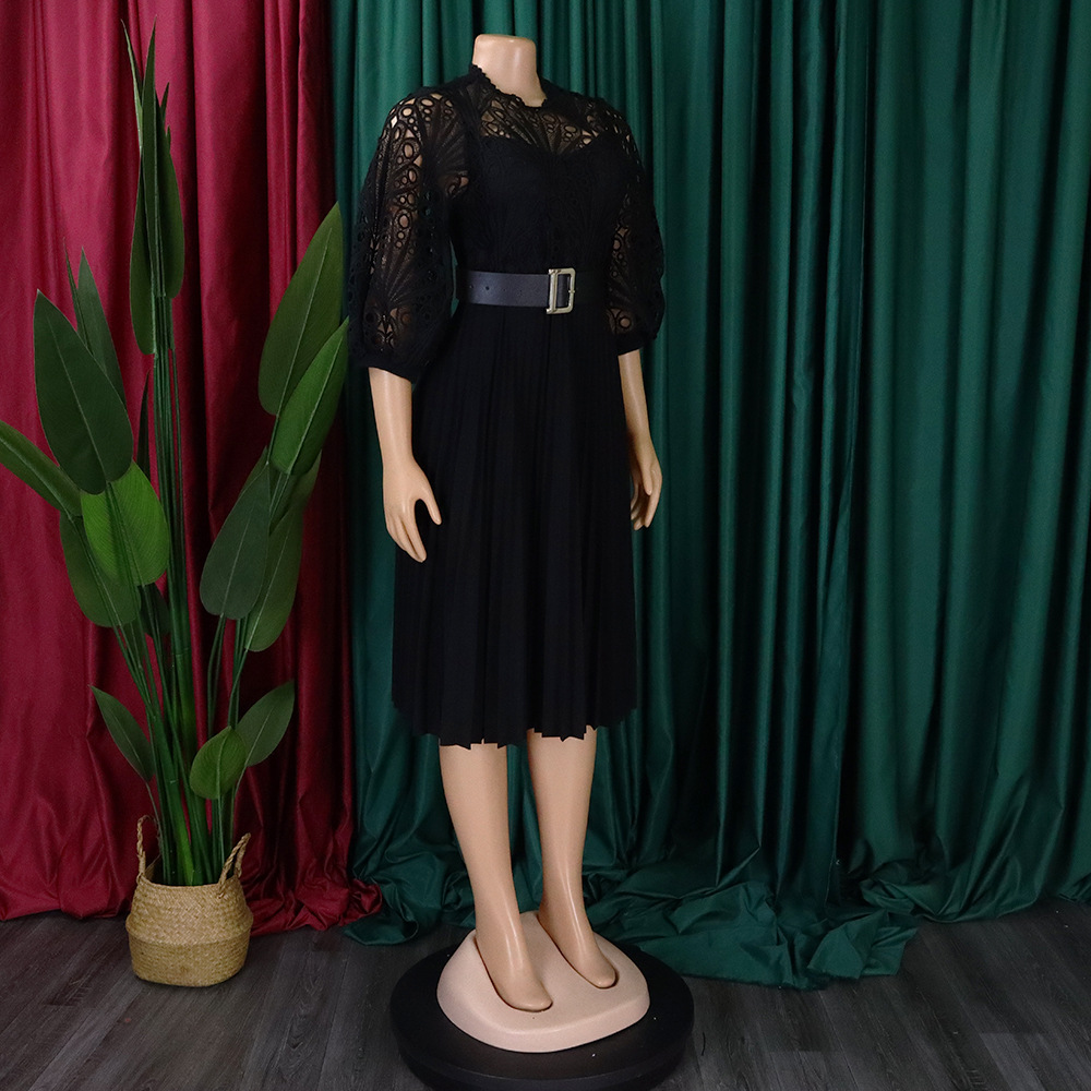 Women's Lace Hook Dress Hollow Pleated Stitching New Clothing_ecoleips.com
