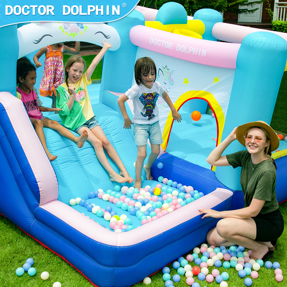 Doctor Delfín | Castillo inflable con tobogán, trampolín pequeño para niños, castillo inflable para el hogar, tobogán inflable, piscina de olas