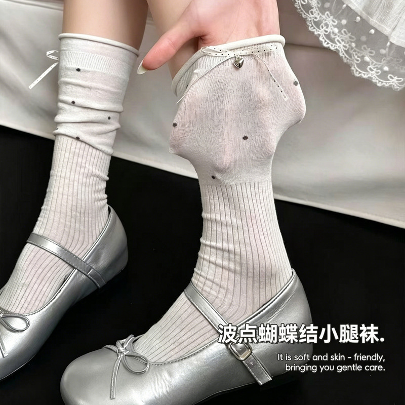 Bowknot Calf Socks for Women, Mid-Calf Socks, Summer Thin Style, Solid Color Polka Dot Long Socks, Miu Style Ballet Style Slouch Socks Bowknot Calf Socks for Women, Mid-Calf Socks, Summer Thin Style, Solid Color Polka Dot Long Socks, Miu Style Ballet Style Slouch Socks