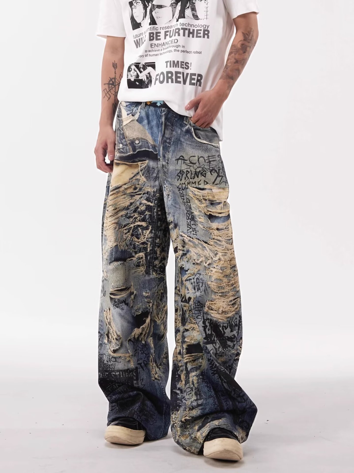 Herren Graffiti Destroyed Jeans Gerade Lockerer Streetstyle_voghion.com