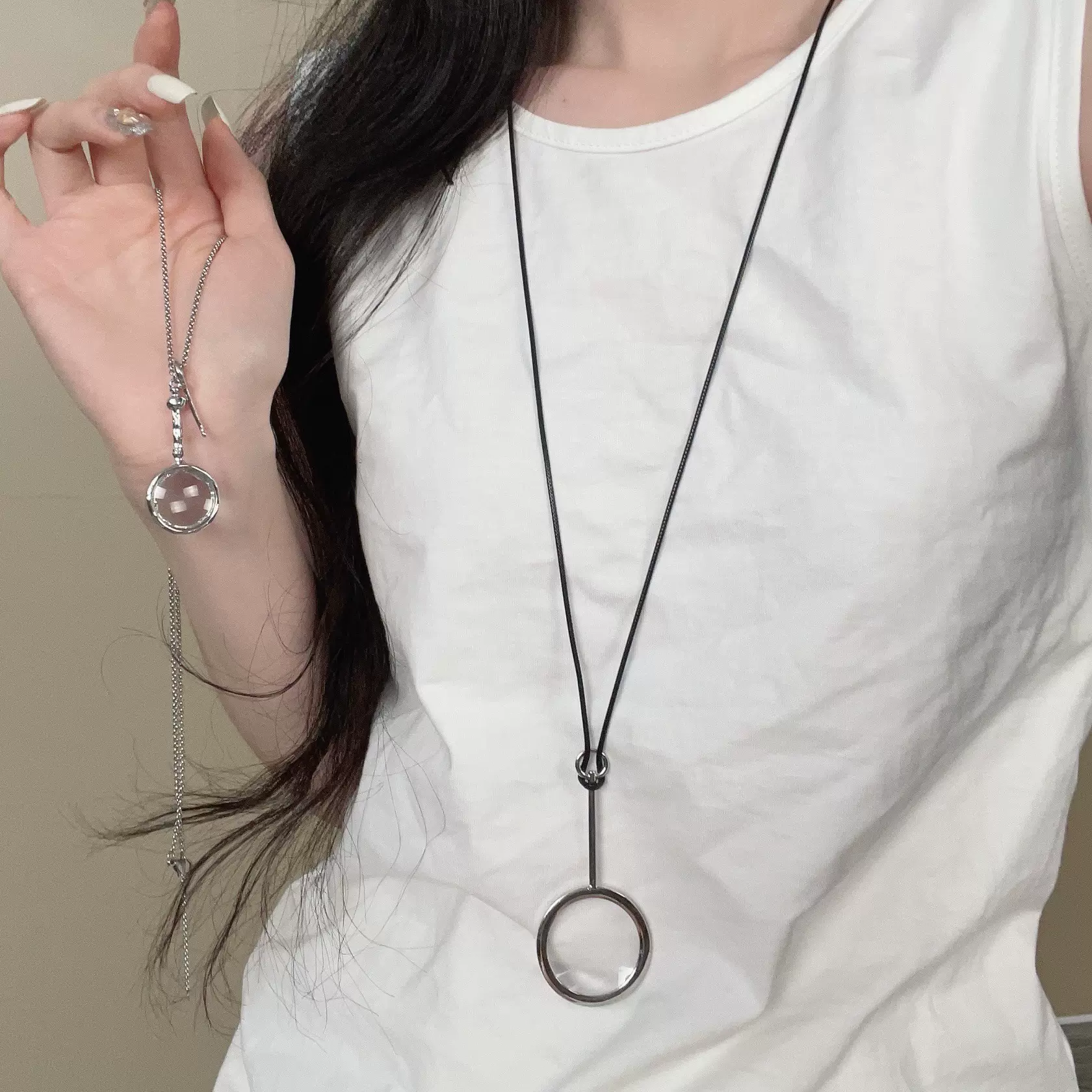 韩系博主同款放大镜皮绳项链清冷感钥匙吊坠毛衣链小众设计感项饰