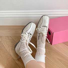 亚马逊真皮芭蕾风软底单鞋透气新款百搭系带复古时尚皮鞋女德训鞋