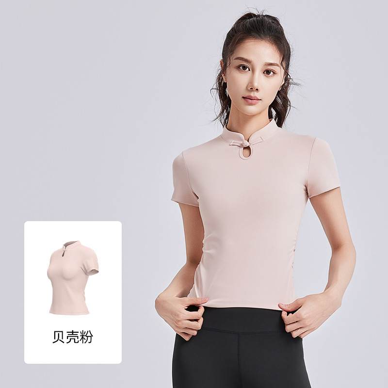 Juyitang nuevo estilo yoga de estilo nacional manga corta mujer hebilla de disco top deportivo chino verano ropa de yoga de moda nacional