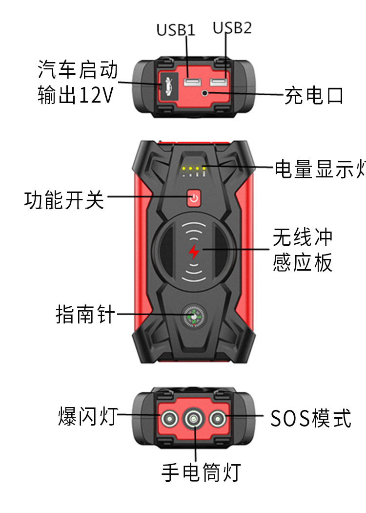 应急启动电源12V无线手机充电宝电瓶搭电打火救援