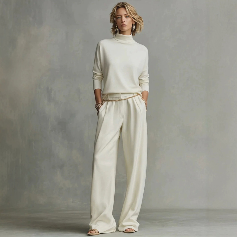 Independent Brand 2026 Fall/Winter New Women's Cream-Colored Soft Knit Fashion High-Neck Top and Wide-Leg Pants Set
