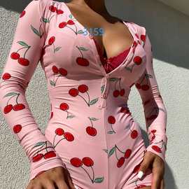 亚马逊独立站春夏新品跨境欧美女装全身樱桃长袖情趣内衣连体衣新