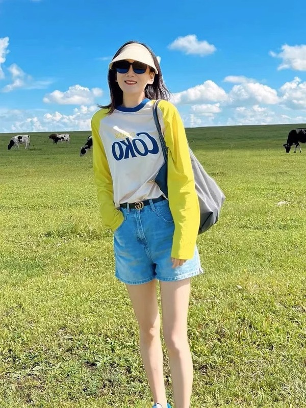 纯棉正肩欧货撞色拼接长袖t恤衫女2025新款秋季设计感小众上衣潮|undefined