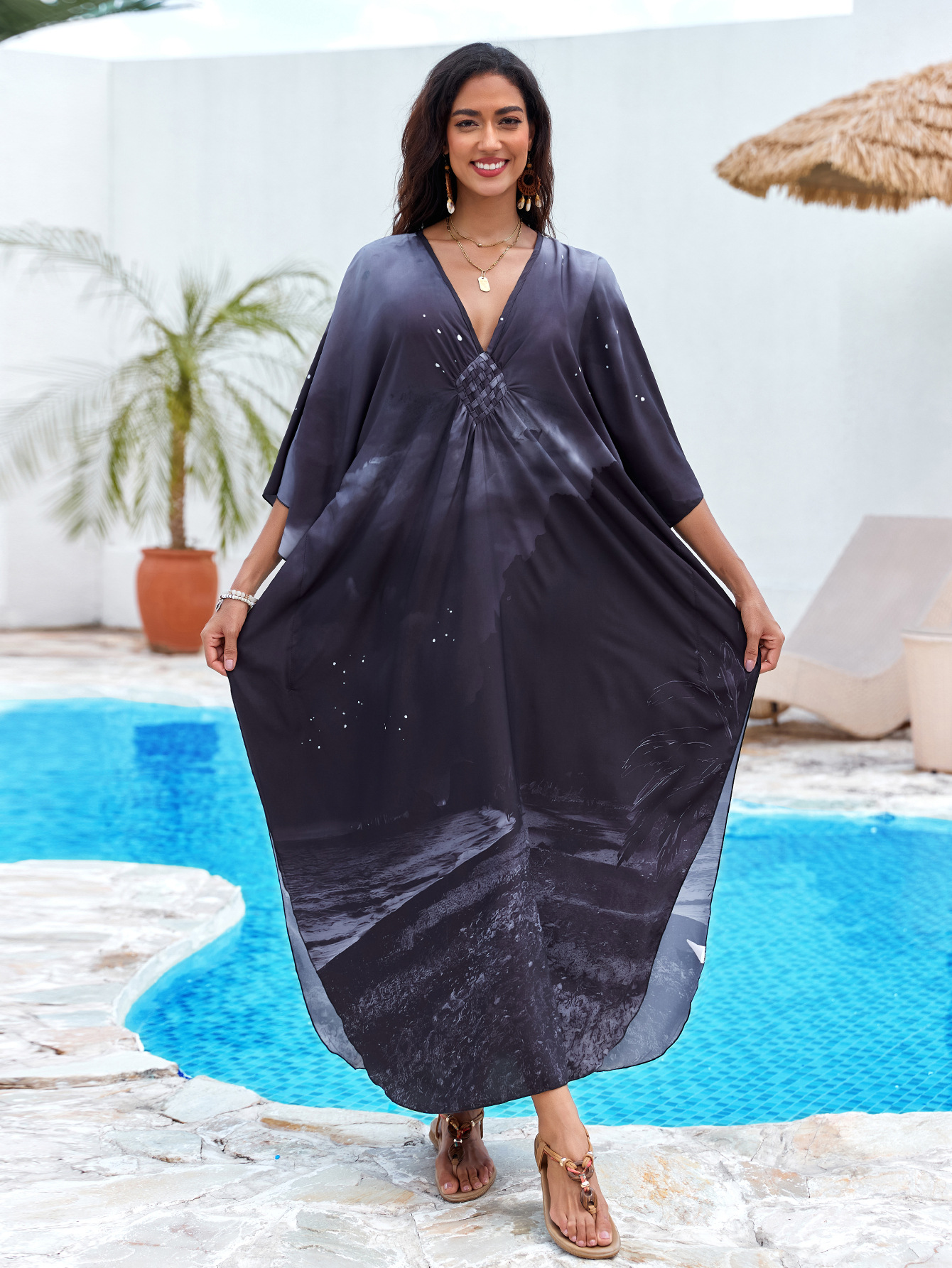 Nuevo posicionamiento de Europa y América impresa playa blusa tejida a mano V-collar vestido de vacaciones vestido largo 31 colores