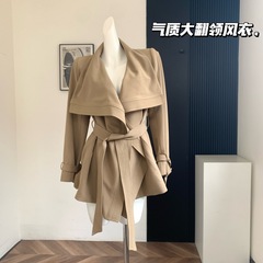5werkwen 北川景子古早风衣 荷叶领短款大翻领风衣外套气质大衣