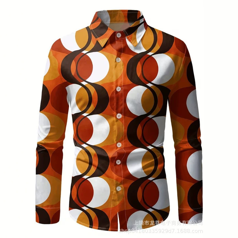 American Retro 70S Disco Hip-Hop Style Men's Long-Sleeved Shirt with Polka Dot Geometric Pattern 3D Printed Shirt