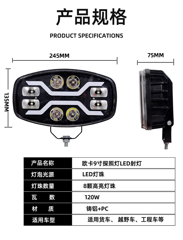 New 9inch Euro Truck Modified Light High-Power High-Brightness Work Light Driving Light Marine Searchlight Universal Model