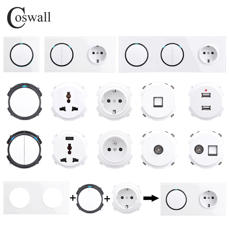 Glass White Light Point Round LED switch German French wall switch foreign trade full series diy combination