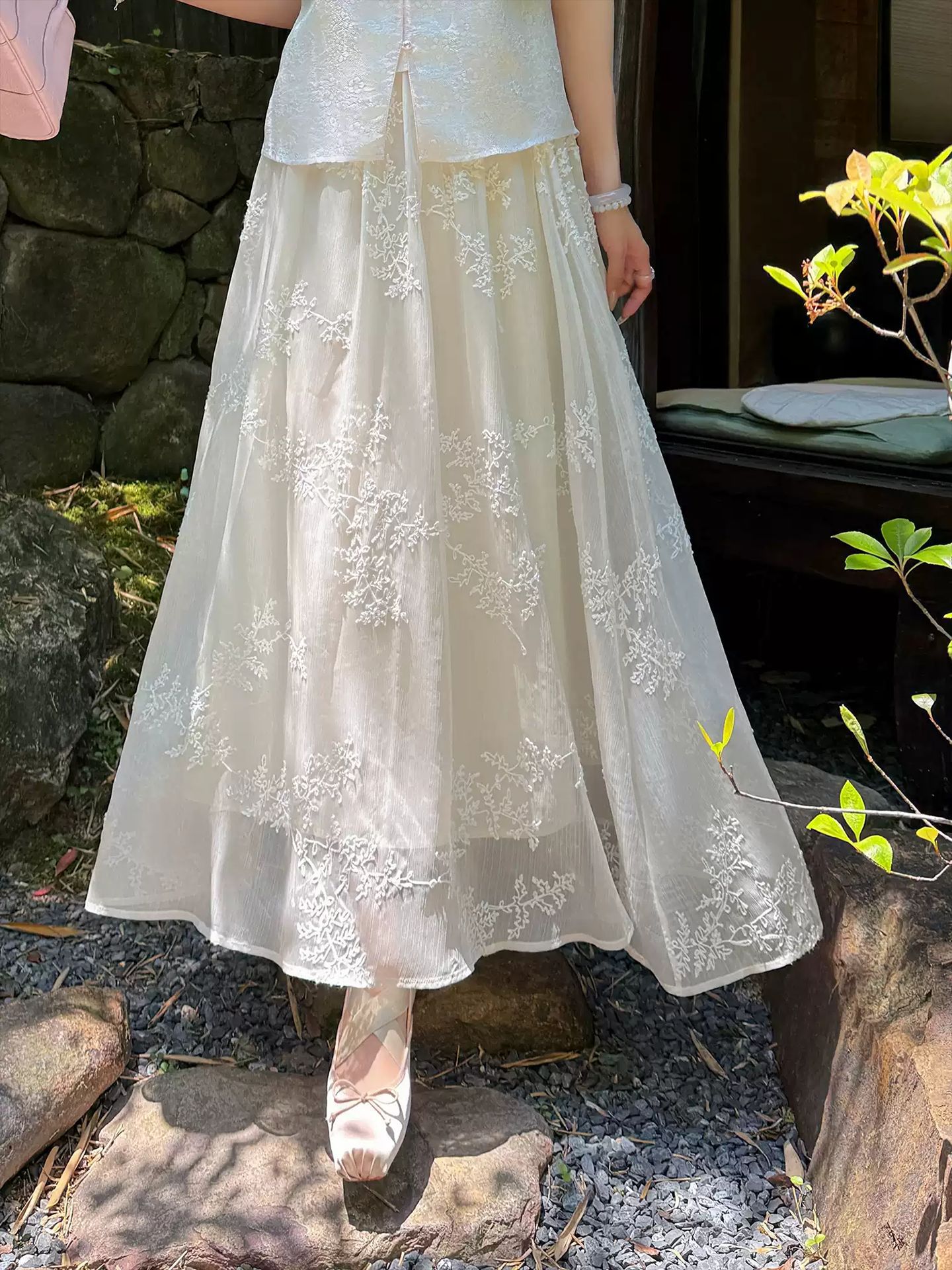 Bộ áo vest không tay + chân váy midi thêu ren họa tiết quốc phong mới — bộ đồ, nửa váy, Trang chủ chi tiết 3