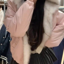 秋冬季棉服加绒加厚保暖棉袄上衣粉色可爱猫耳朵毛领连帽外套女装