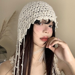 透かし彫り真珠流蘇ペンダント包頭帽子女性夏名族風ニット帽復古顔小帽子